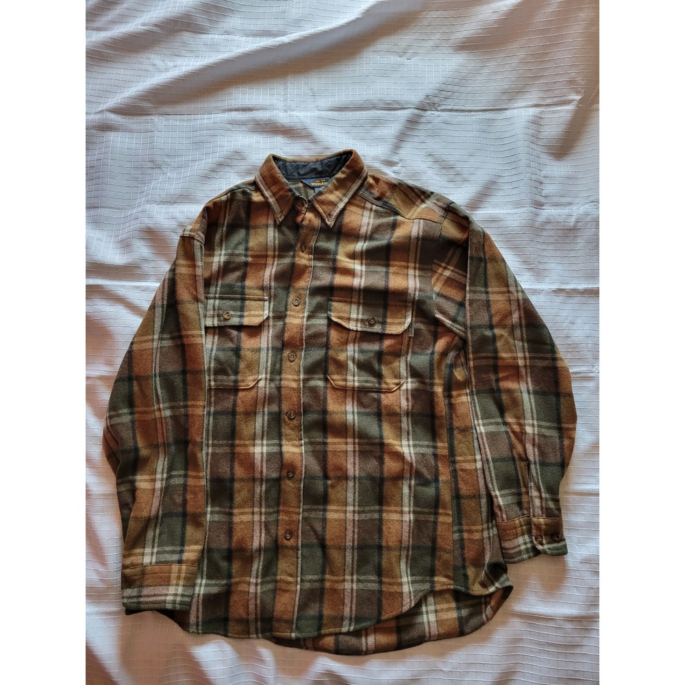 Woolrich Mens Loden Plaid Wool Blend Flannel Shirt Brown Green 6375BP Size M
